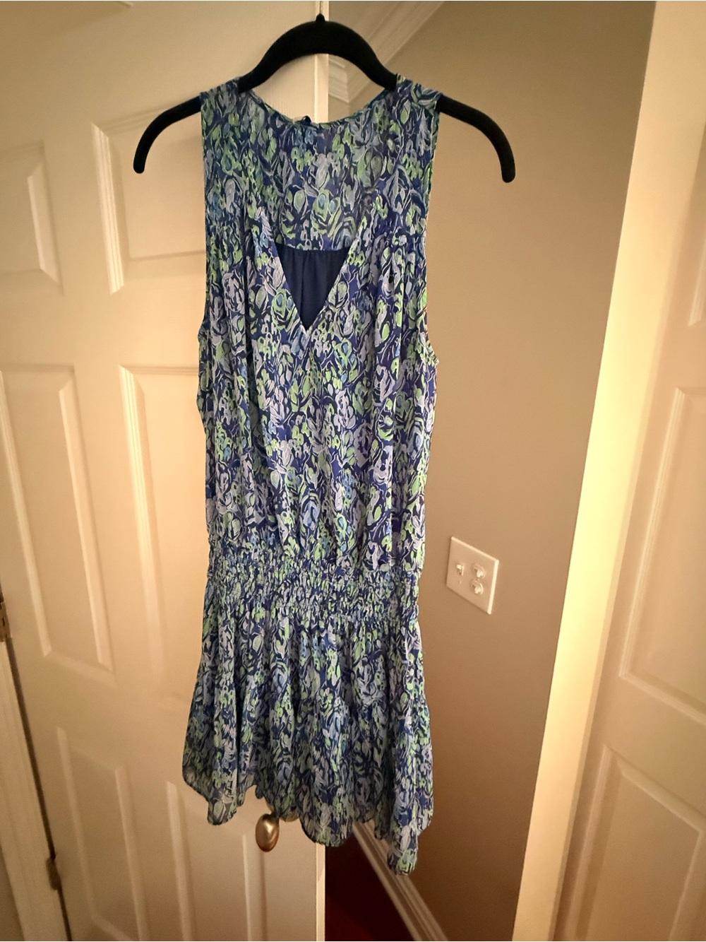 Ramy Brook Blue and Green Sleeveless V-Neck Smocked Waist Tunic